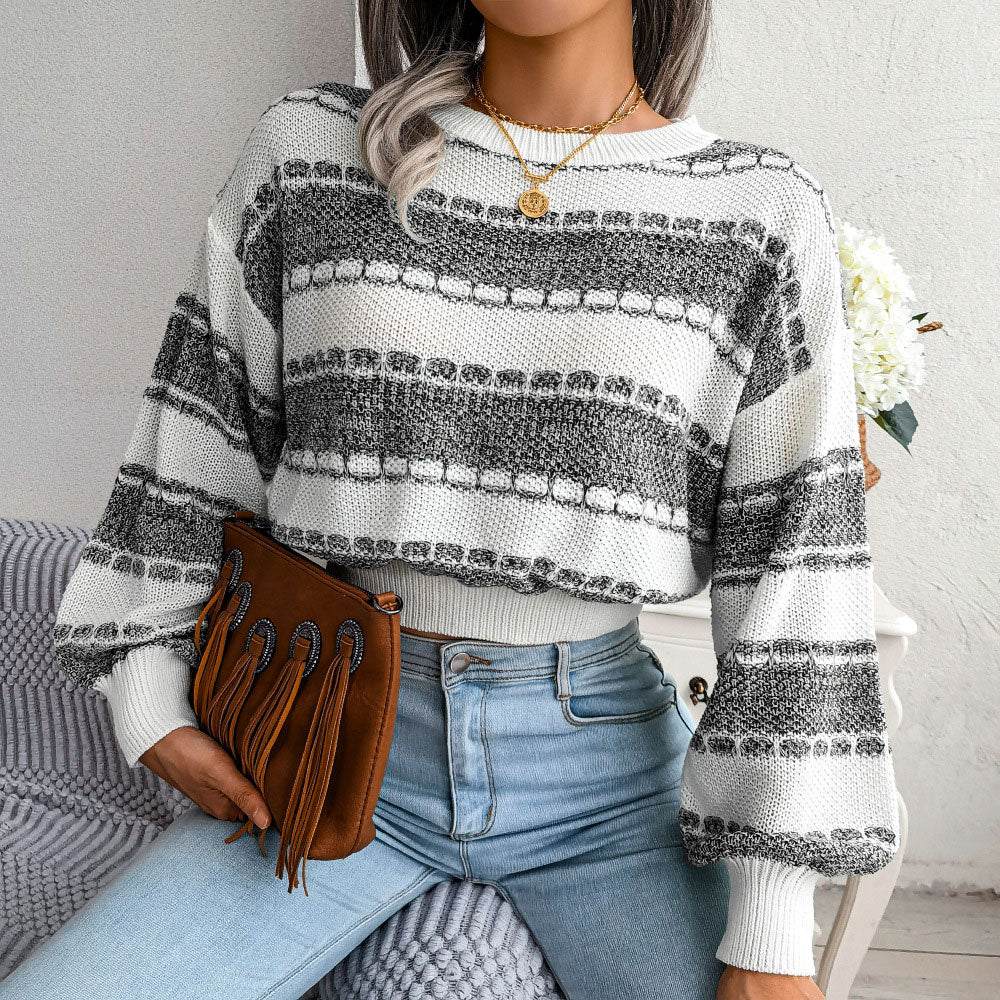 Trendy Crew Neck Balloon Sleeve Marled Knit Striped Sweater