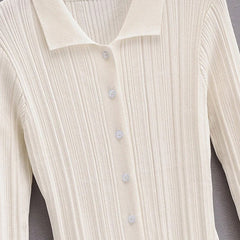 Trendy Folded Collar Button Down White Fitted Rib Knit Mini Dress