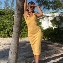 Trendy Yellow Geometric Print Halter Neck Sleeveless Bodycon Midi Knit Dress