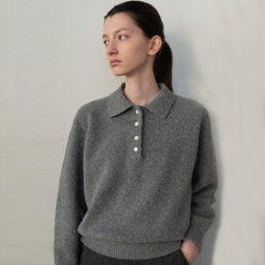 Trendy Half Button Oversized Pullover Wool Collared Sweater