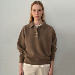 Trendy Half Button Oversized Pullover Wool Collared Sweater