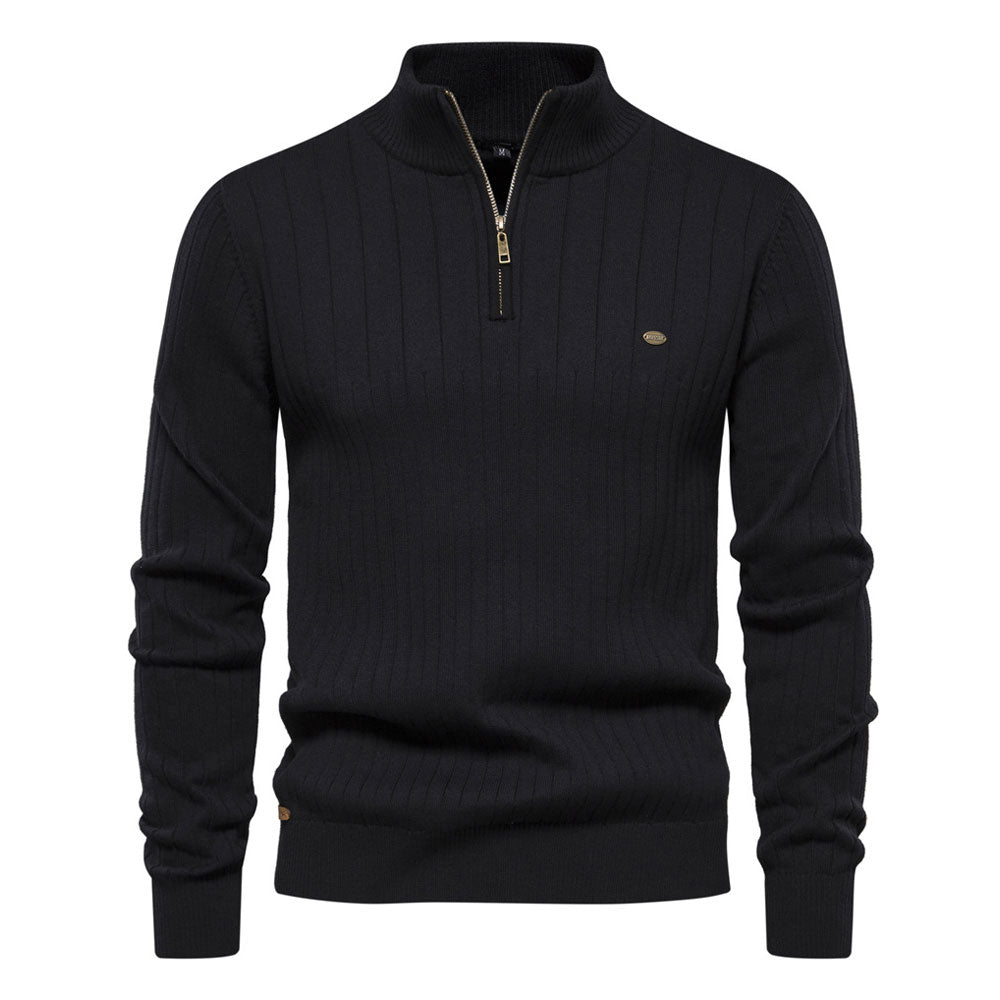 Trendy Half Zip High Neck Long Sleeve Ribbed Knit Winter Men Pullover Sweater