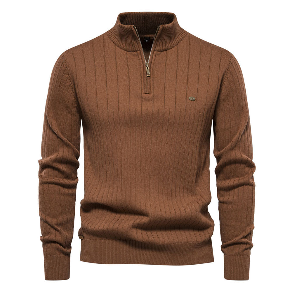 Trendy Half Zip High Neck Long Sleeve Ribbed Knit Winter Men Pullover Sweater