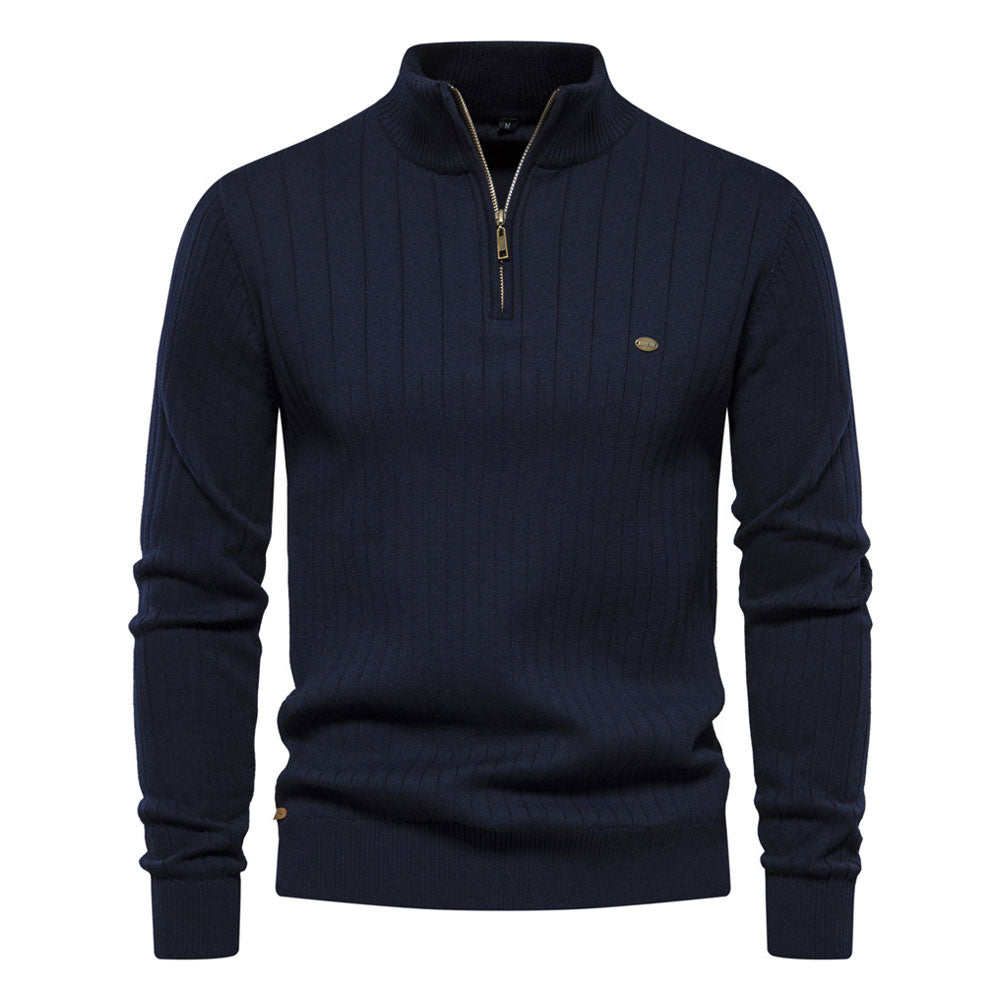 Trendy Half Zip High Neck Long Sleeve Ribbed Knit Winter Men Pullover Sweater