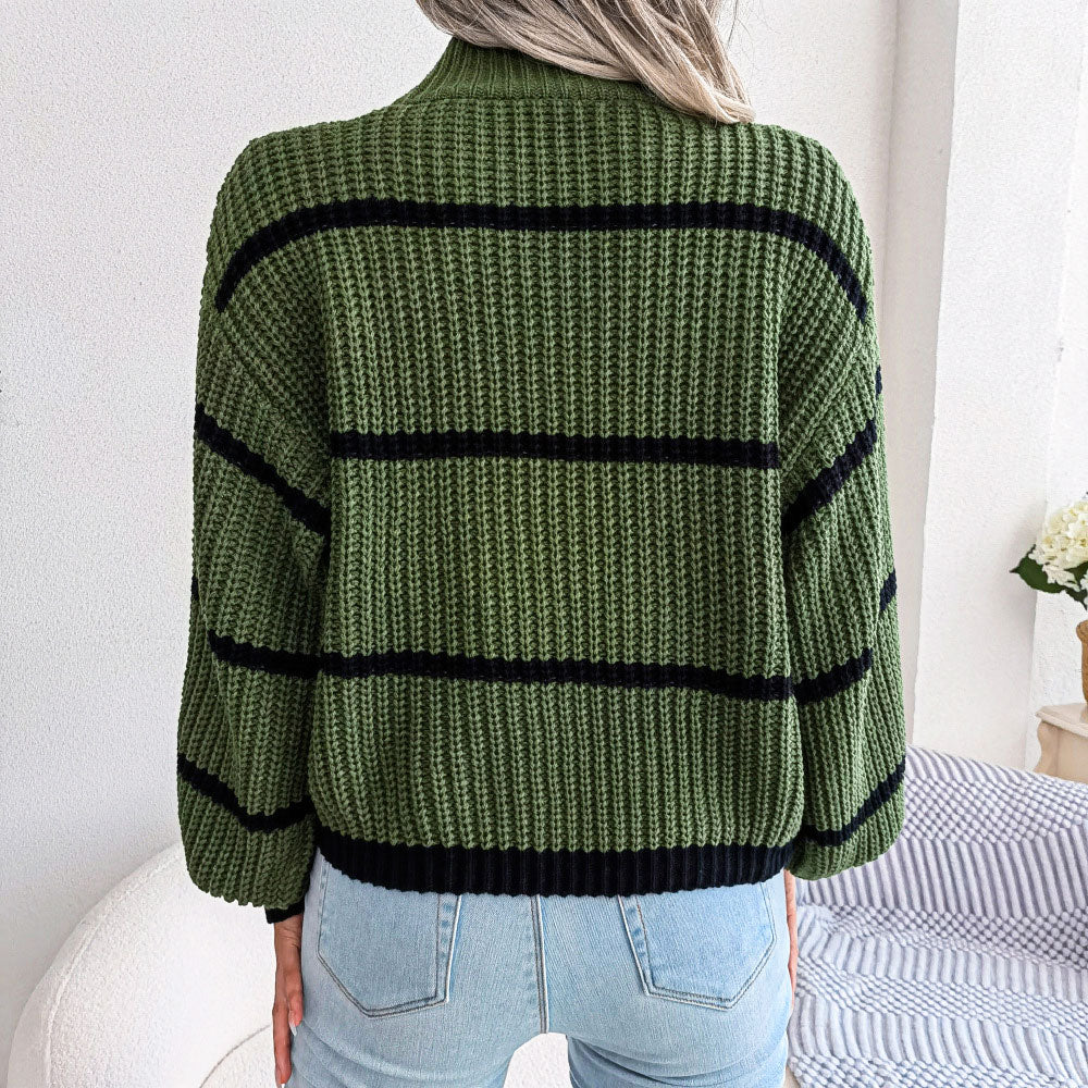 Trendy High Neck Balloon Sleeve Brioche Knit Striped Sweater