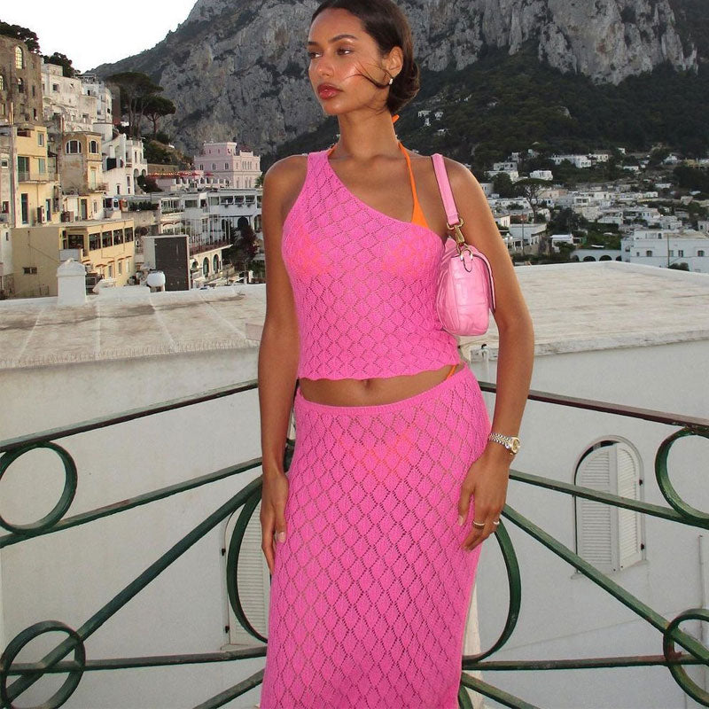 Trendy Hot Pink Pointelle Knit One Shoulder Fitted Top and Midi Skirt Matching Set