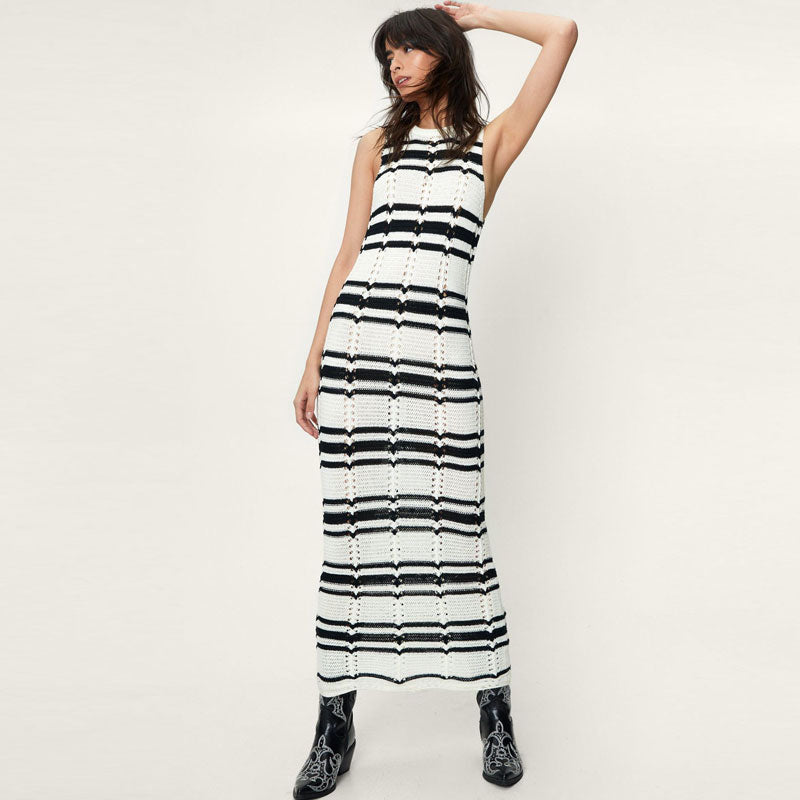 Trendy Black Striped Crew Neck Sleeveless Crochet Pointelle Knit Midi Dress