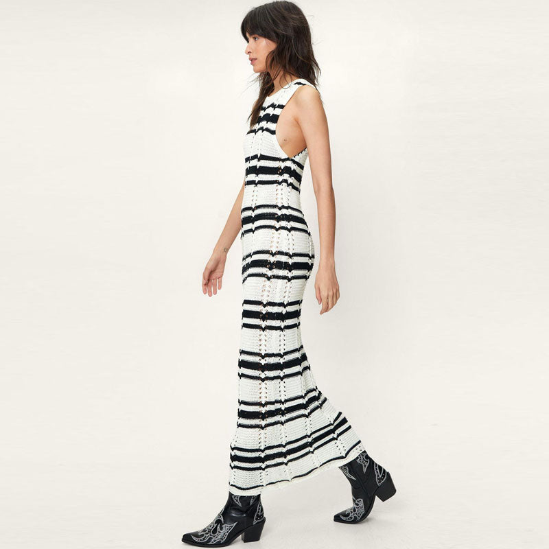 Trendy Black Striped Crew Neck Sleeveless Crochet Pointelle Knit Midi Dress