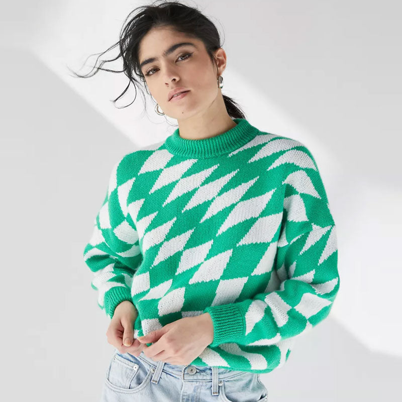 Unique Argyle Checkered Print High Neck Drop Shoulder Sweater