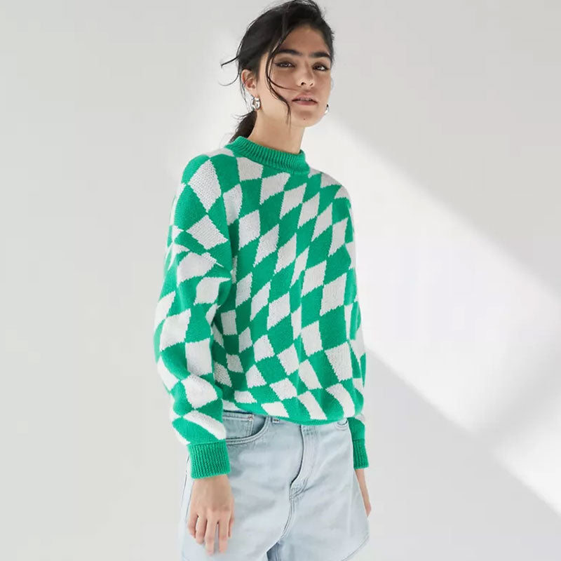 Unique Argyle Checkered Print High Neck Drop Shoulder Sweater