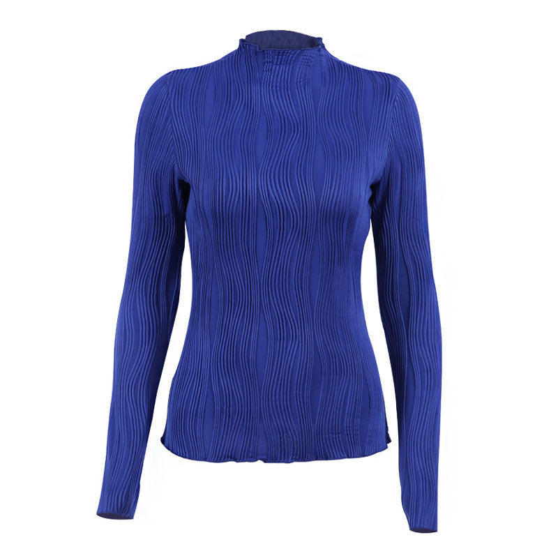 Unique Klein Blue Lettuce Trim High Neck Long Sleeve Textured Knit Fitted Top