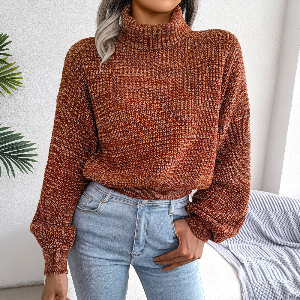 Unique Marled Knit Balloon Sleeve Pullover Turtleneck Sweater