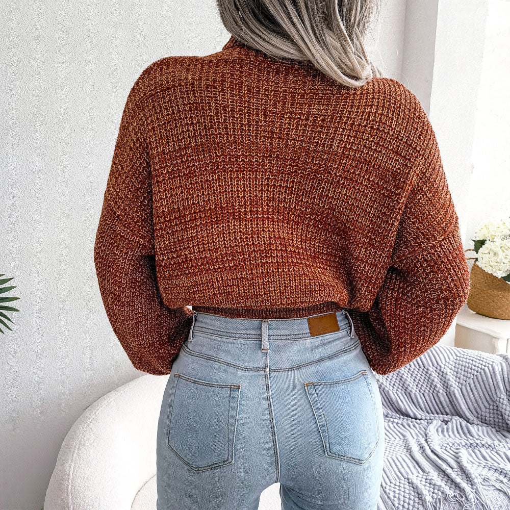 Unique Marled Knit Balloon Sleeve Pullover Turtleneck Sweater