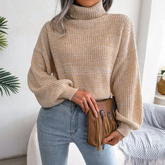 Unique Marled Knit Balloon Sleeve Pullover Turtleneck Sweater