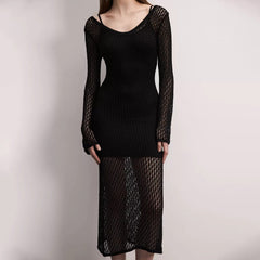 Versatile Scoop Neck Long Sleeve Summer Openwork Crochet Knit Midi Dress