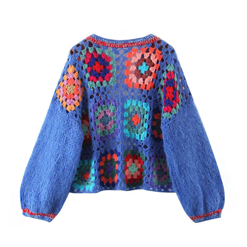 Vintage Boho Oversized Cropped Crochet Granny Square Cardigan