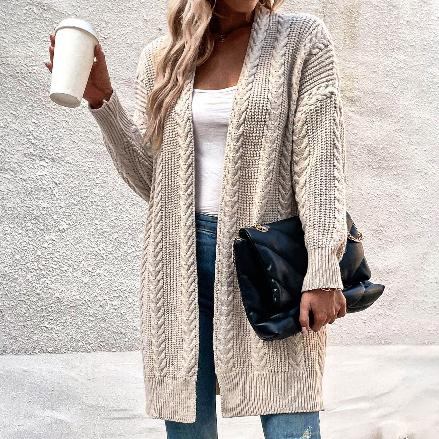 Vintage Collarless Open Front Drop Shoulder Long Sleeve Elongated Cable Knit Cardigan