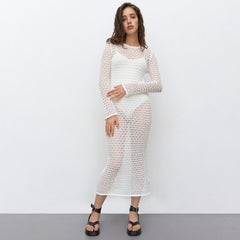 Vintage Crew Neck Long Sleeve Sheer Openwork Crochet Knit Midi Dress