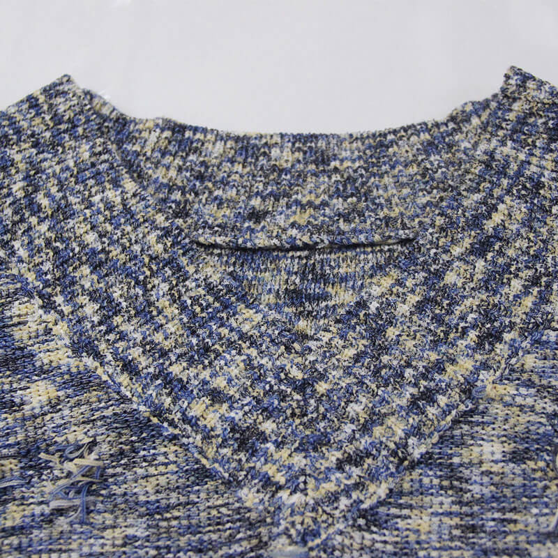 Vintage Floral Fringe V Neck Drop Shoulder Marled Blue Knit Pullover Sweater