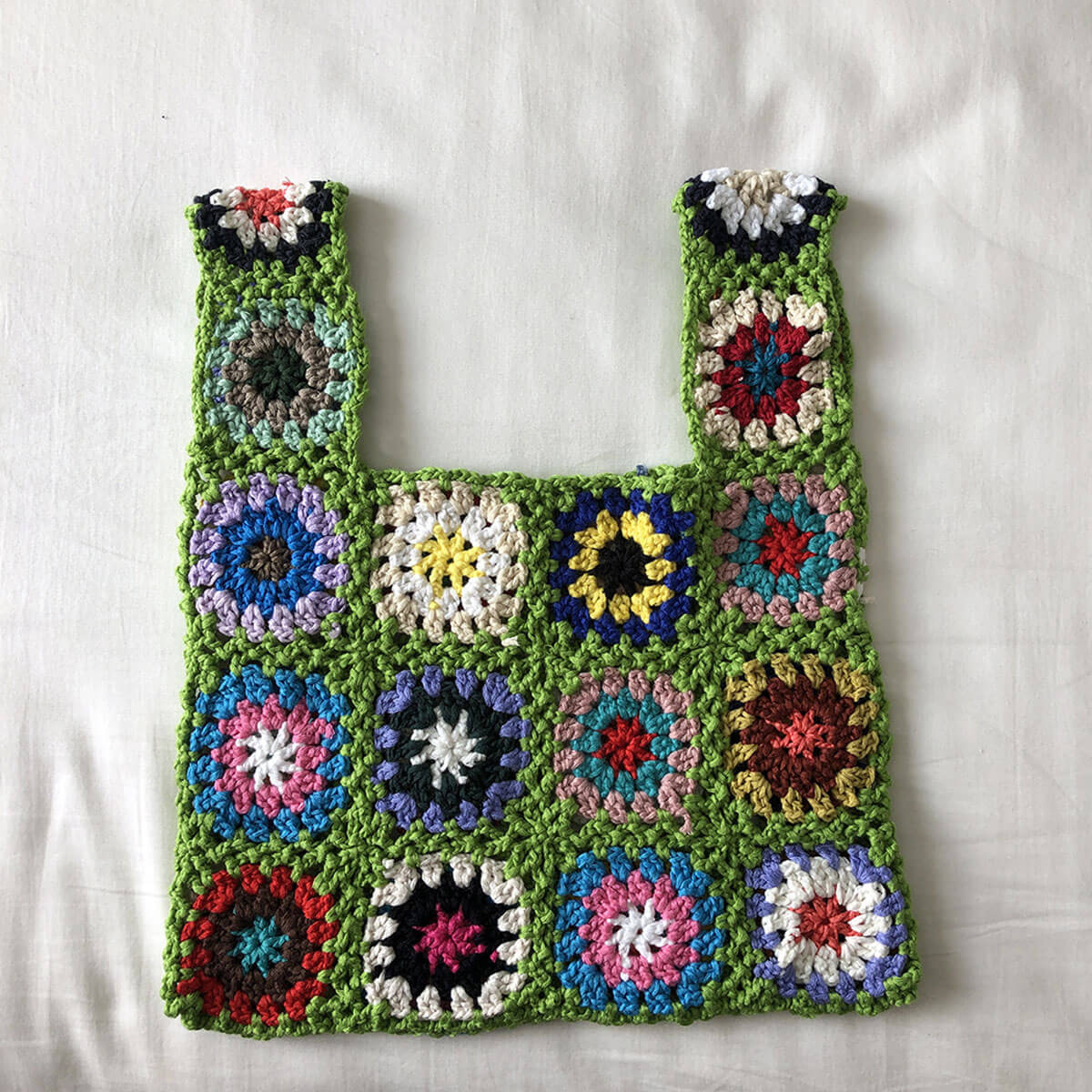 Vintage Floral Granny Square Handmade Openwork Crochet Knit Tote Bag