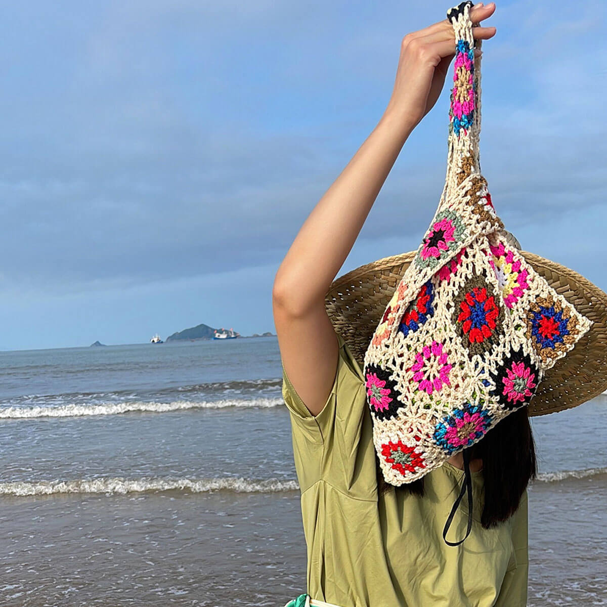 Vintage Floral Granny Square Handmade Openwork Crochet Knit Tote Bag