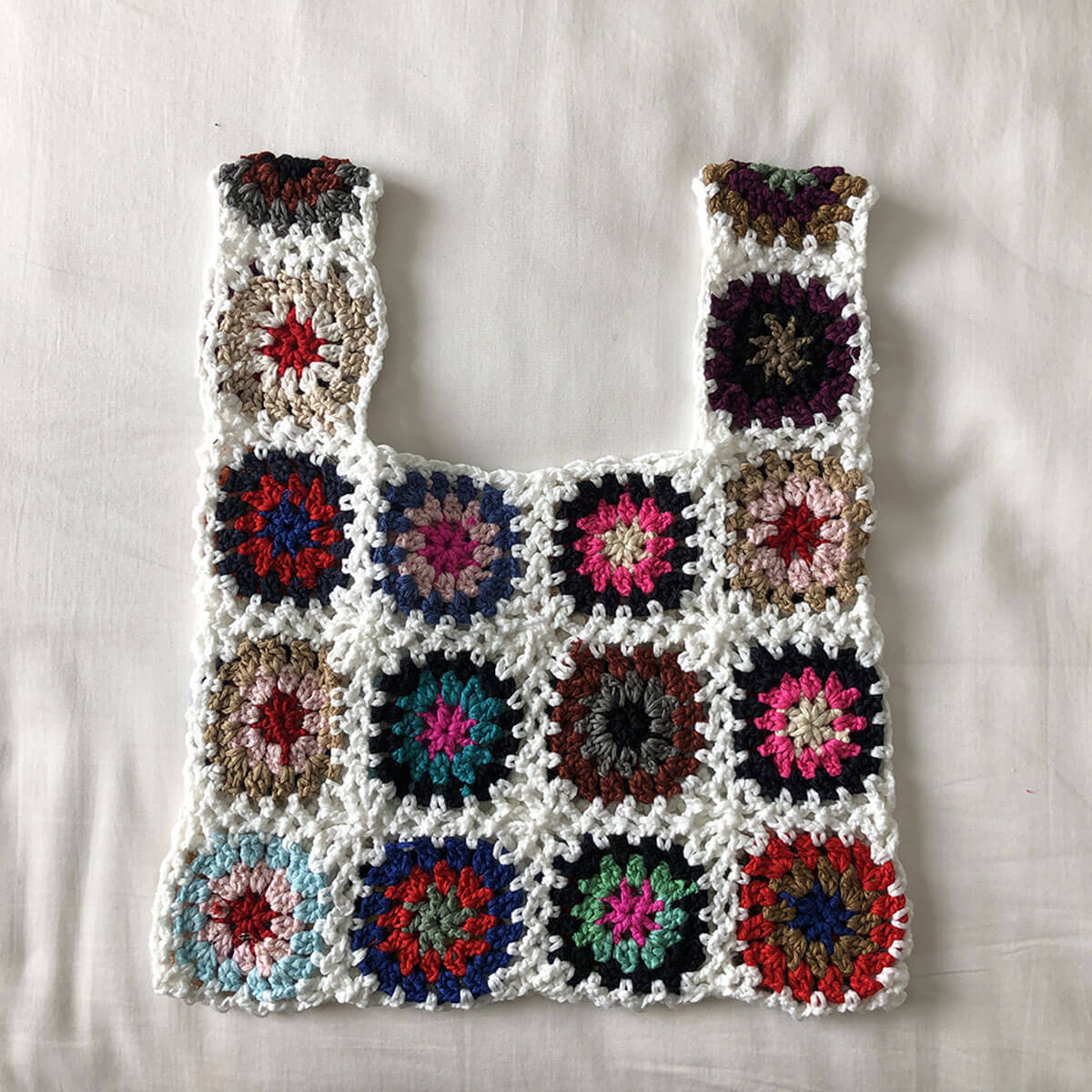 Vintage Floral Granny Square Handmade Openwork Crochet Knit Tote Bag