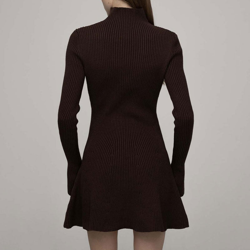 Vintage High Neck Long Sleeve A Line Ruffle Hem Ribbed Knit Mini Sweater Dress