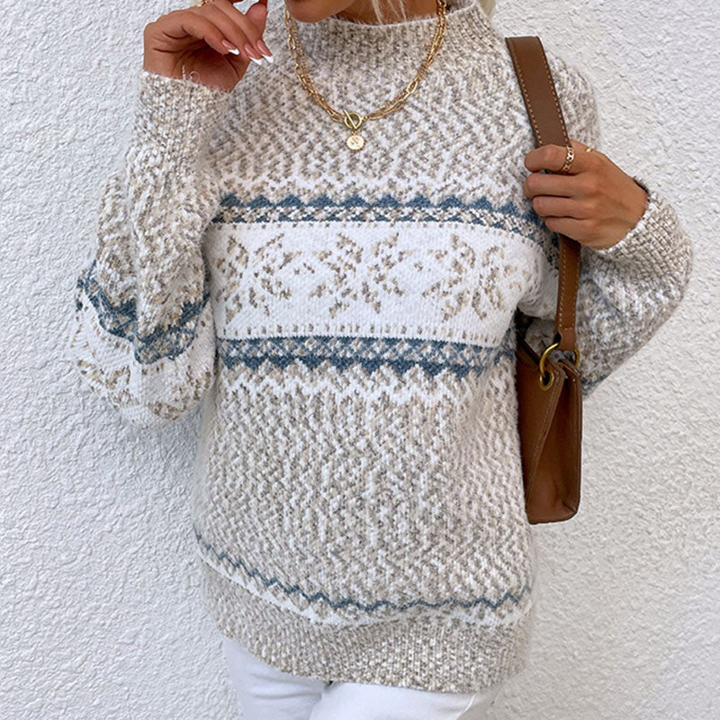 Vintage Mock Neck Long Sleeve Snowflake Pattern Nordic Fair Isle Sweater