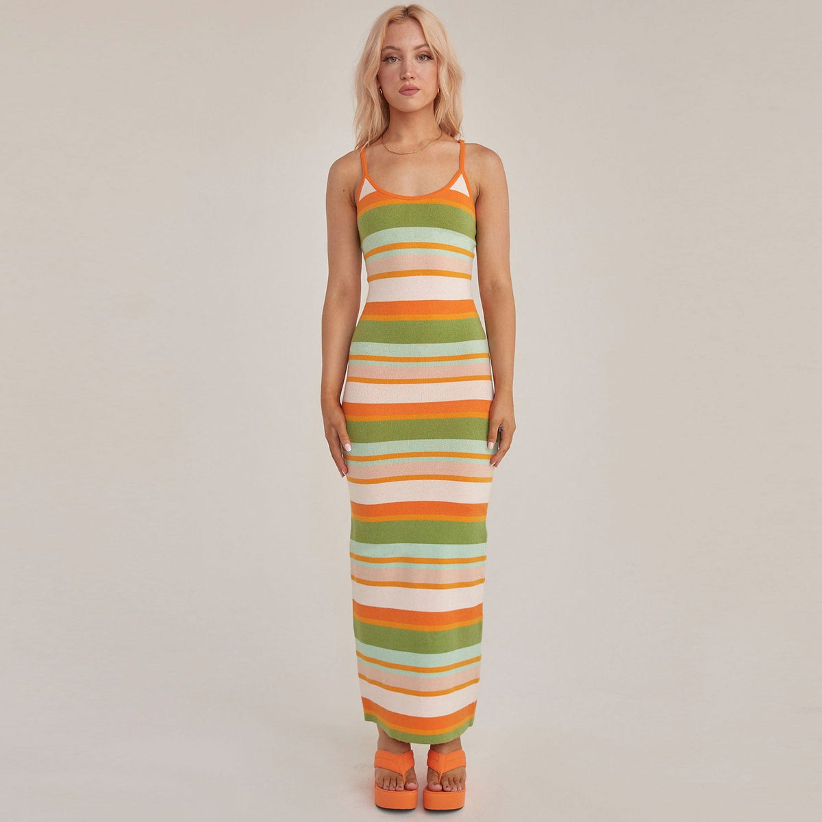 Vintage Rainbow Striped Print Scoop Neck Spaghetti Strap Maxi Slip Sweater Dress