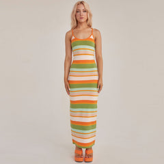 Vintage Rainbow Striped Print Scoop Neck Spaghetti Strap Maxi Slip Sweater Dress