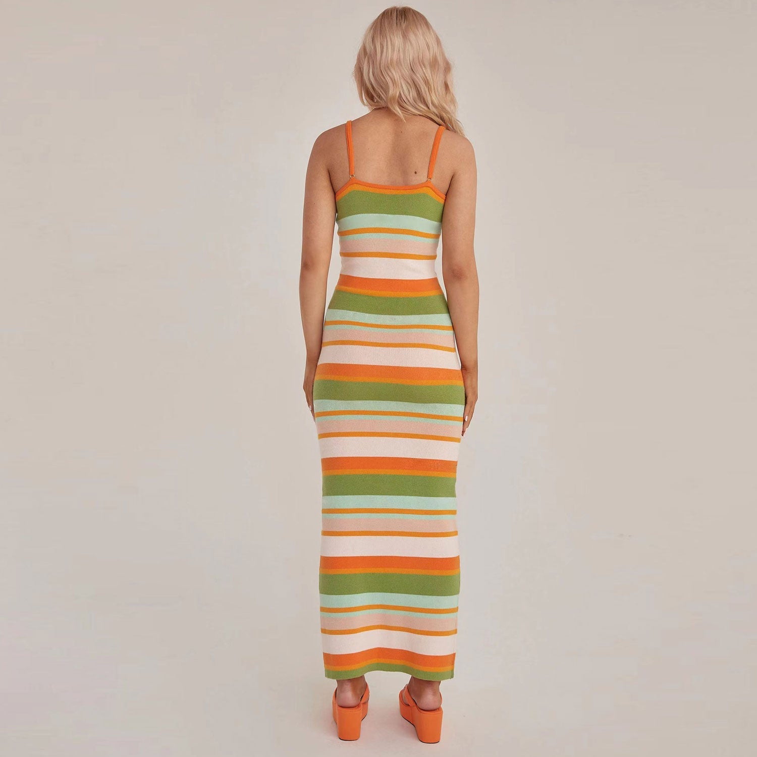 Vintage Rainbow Striped Print Scoop Neck Spaghetti Strap Maxi Slip Sweater Dress