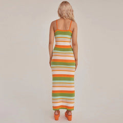 Vintage Rainbow Striped Print Scoop Neck Spaghetti Strap Maxi Slip Sweater Dress