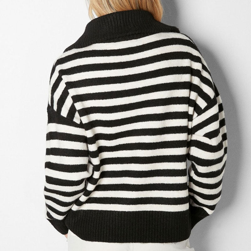 Vintage Rib Knit Oversized Collared Half Zip Up Long Sleeve Black and White Striped Sweater