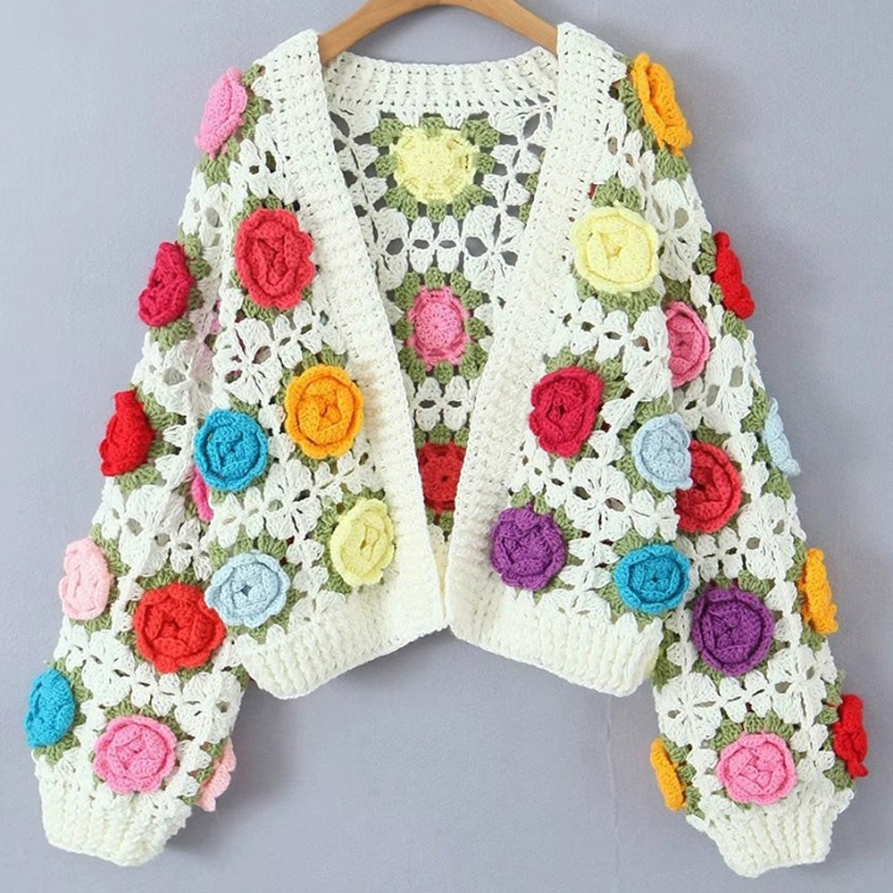 Vintage Rosette Wool Blend Crochet Hand Knit Granny Square Cardigan