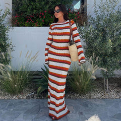 Vintage Scalloped Open Back Bell Sleeve Striped Crochet Knit Maxi Dress