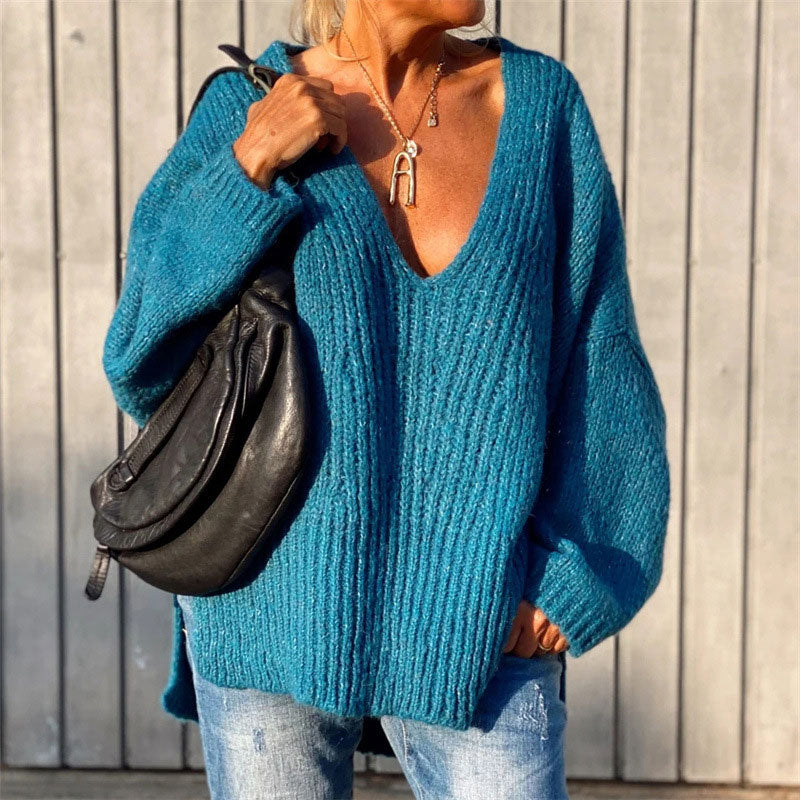 Vintage Style Oversized V Neck Split Side Pullover Knit Sweater