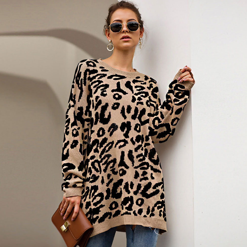 Vitnage Style Khaki Leoaprd Print Oversized Pullover Long Sweater