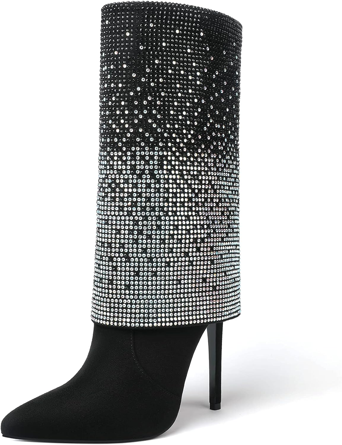 Stiletto Glitter Black Sequin Rhinestone Mid Calf Boots