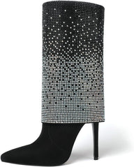 Stiletto Glitter Black Sequin Rhinestone Mid Calf Boots