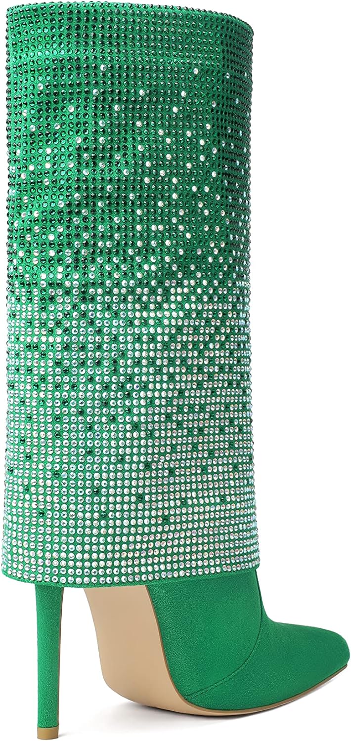 Stiletto Glitter Green Sequin Rhinestone Mid Calf Boots