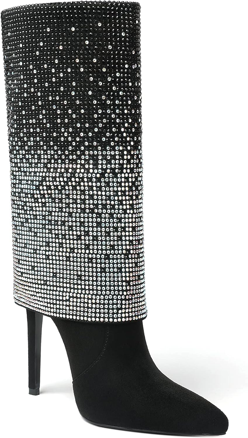 Stiletto Glitter Black Sequin Rhinestone Mid Calf Boots