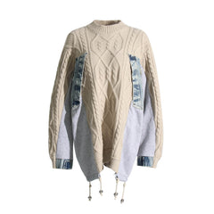 Whimsical Crew Neck Fisherman Cable Knit Drawstring Oversized Hybrid Sweater