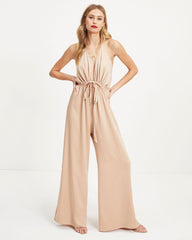 Chelsea Satin Halter Cutout Jumpsuit - Tan