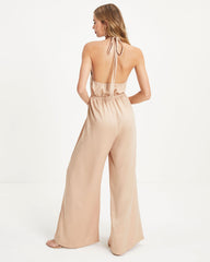 Chelsea Satin Halter Cutout Jumpsuit - Tan