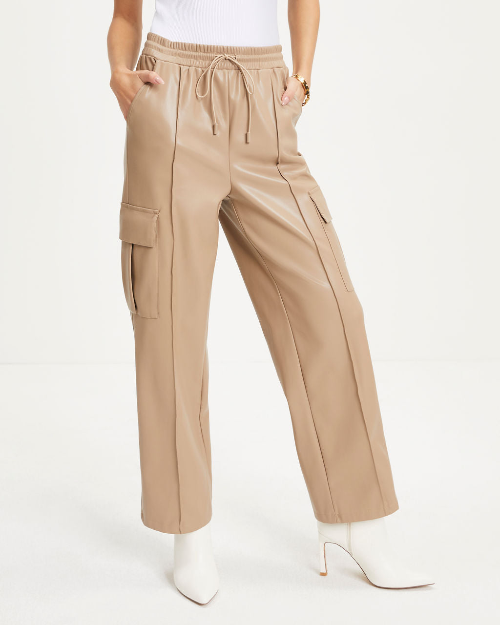 Explore The World Faux Leather Cargo Pants - Beige