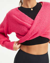 Cozy Little Something Crop Twist Front Sweater - Bright Pink  - SALE