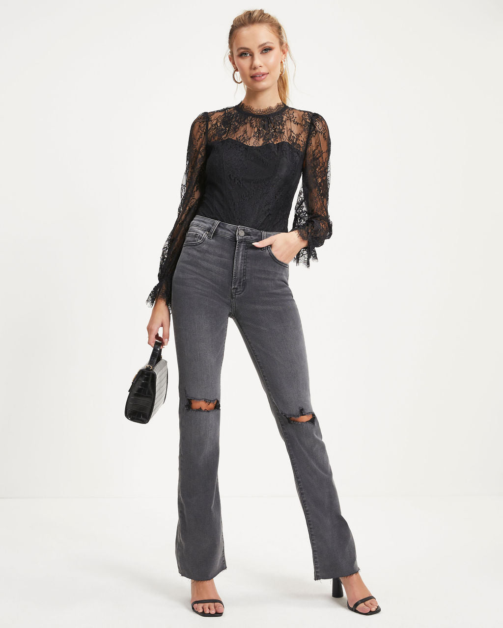 Harlow High Rise Stretch Distressed Wide Leg Jeans - Charcoal