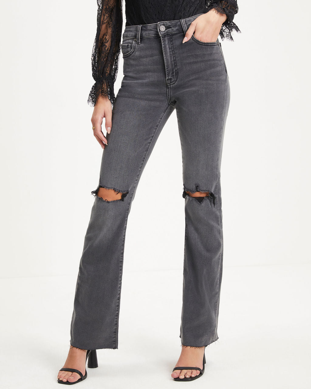 Harlow High Rise Stretch Distressed Wide Leg Jeans - Charcoal