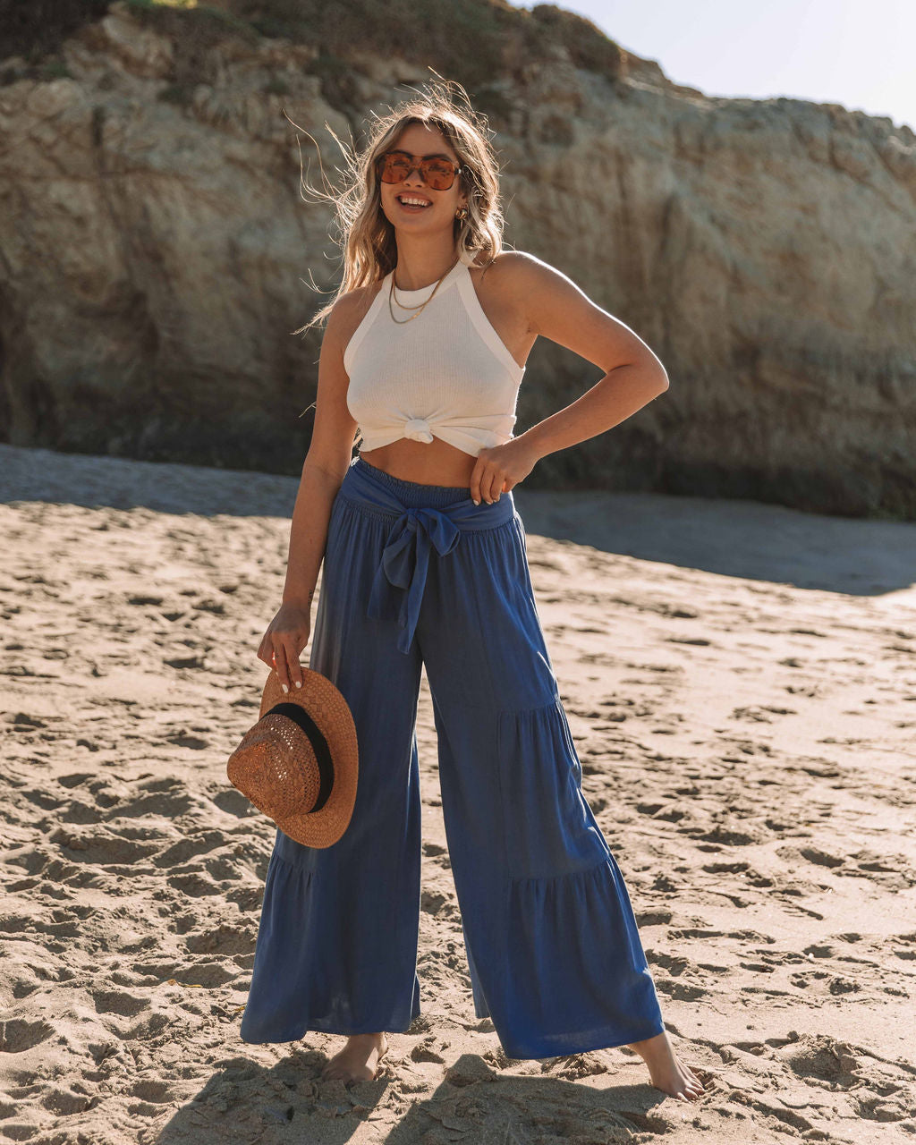 Chantay Linen Blend Tie Palazzo Pants - Dusty Blue