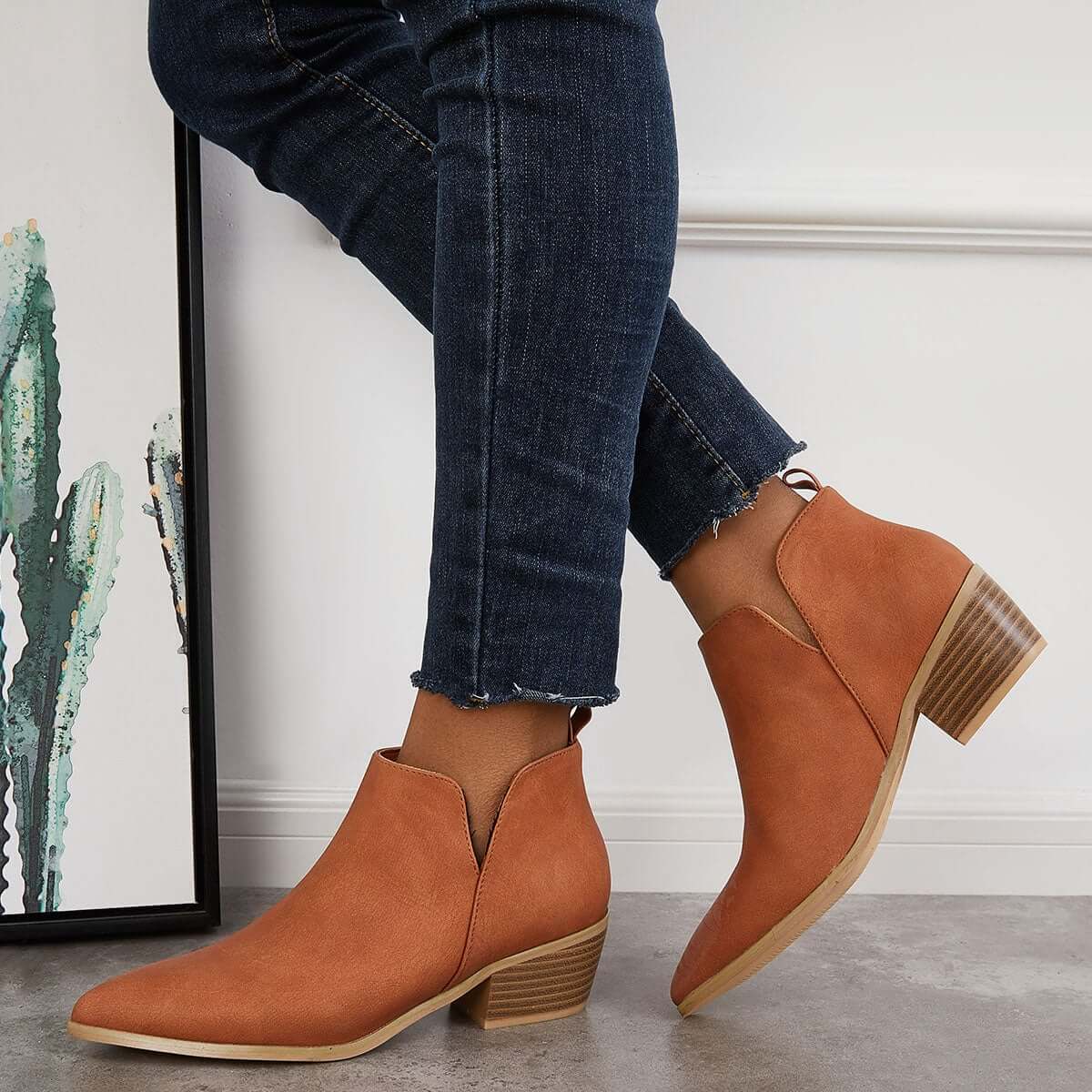 Cut Out Ankle Western Boots Chunky Heeled Cowboy Booties